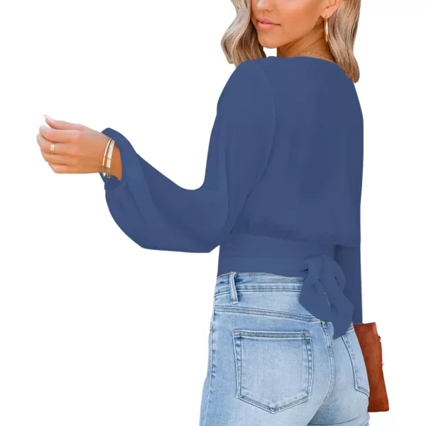 LYANER Women's Deep V Neck Tie Front Knot Long Sleeve Sexy Wrap Crop Top Blouse
