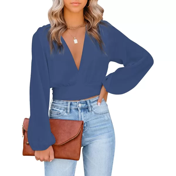 LYANER Women's Deep V Neck Tie Front Knot Long Sleeve Sexy Wrap Crop Top Blouse