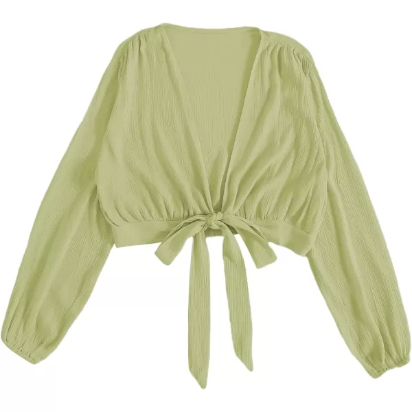 LYANER Women's Deep V Neck Tie Front Knot Long Sleeve Sexy Wrap Crop Top Blouse