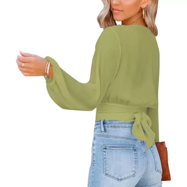 LYANER Women's Deep V Neck Tie Front Knot Long Sleeve Sexy Wrap Crop Top Blouse