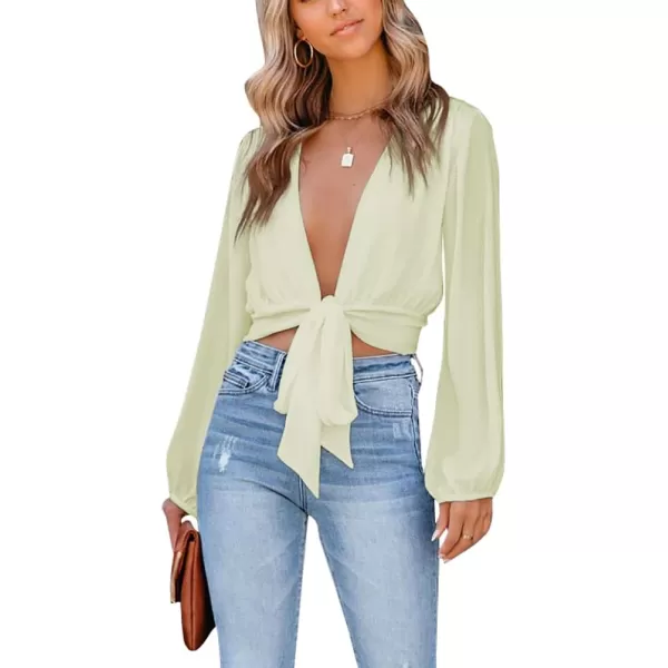 LYANER Women's Deep V Neck Tie Front Knot Long Sleeve Sexy Wrap Crop Top Blouse