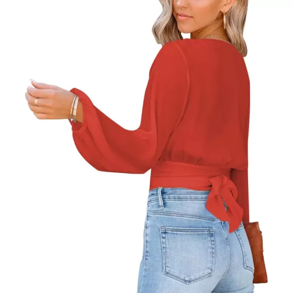 LYANER Women's Deep V Neck Tie Front Knot Long Sleeve Sexy Wrap Crop Top Blouse