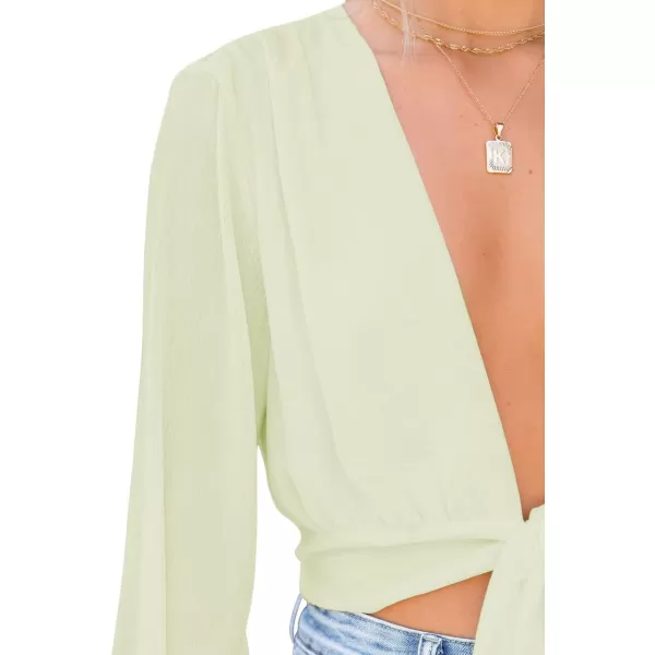 LYANER Women's Deep V Neck Tie Front Knot Long Sleeve Sexy Wrap Crop Top Blouse