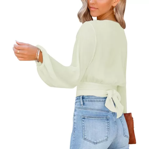 LYANER Women's Deep V Neck Tie Front Knot Long Sleeve Sexy Wrap Crop Top Blouse