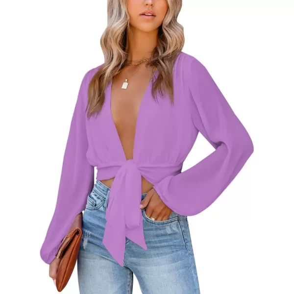 LYANER Women's Deep V Neck Tie Front Knot Long Sleeve Sexy Wrap Crop Top Blouse