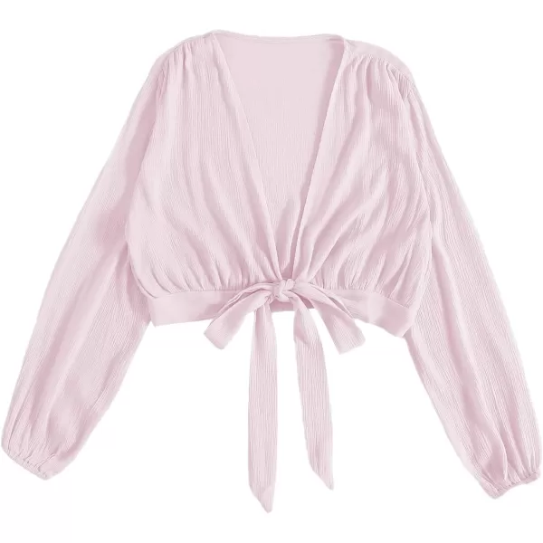 LYANER Women's Deep V Neck Tie Front Knot Long Sleeve Sexy Wrap Crop Top Blouse