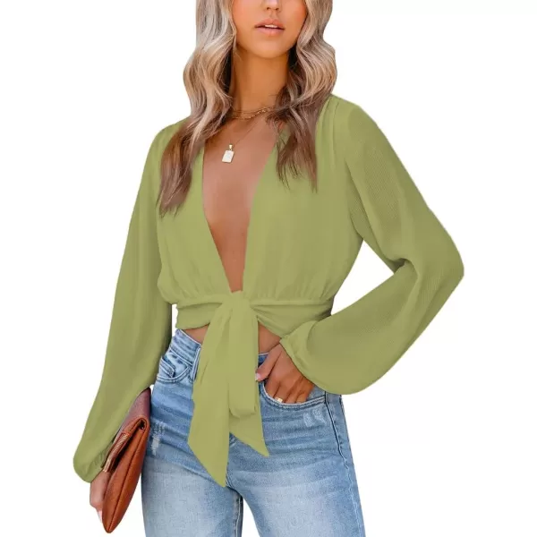 LYANER Women's Deep V Neck Tie Front Knot Long Sleeve Sexy Wrap Crop Top Blouse