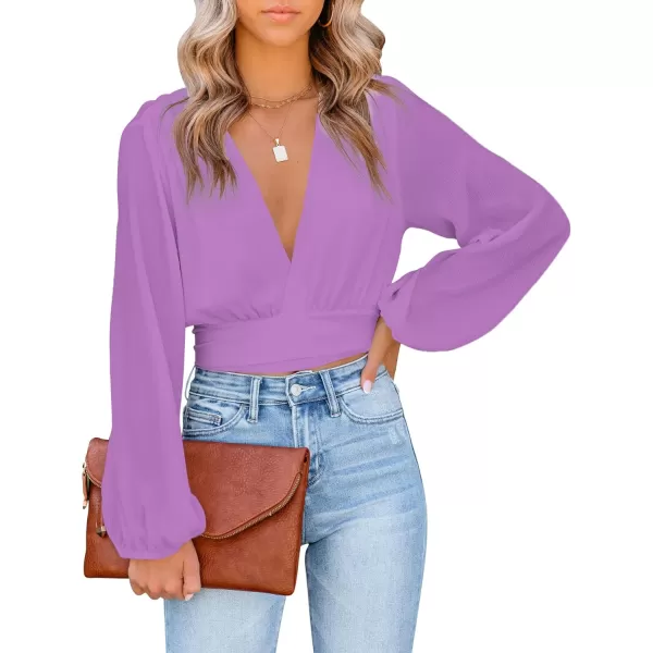 LYANER Women's Deep V Neck Tie Front Knot Long Sleeve Sexy Wrap Crop Top Blouse