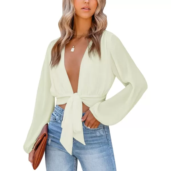 LYANER Women's Deep V Neck Tie Front Knot Long Sleeve Sexy Wrap Crop Top Blouse