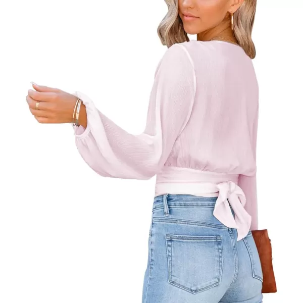 LYANER Women's Deep V Neck Tie Front Knot Long Sleeve Sexy Wrap Crop Top Blouse