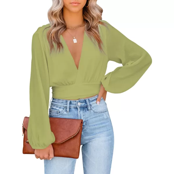 LYANER Women's Deep V Neck Tie Front Knot Long Sleeve Sexy Wrap Crop Top Blouse