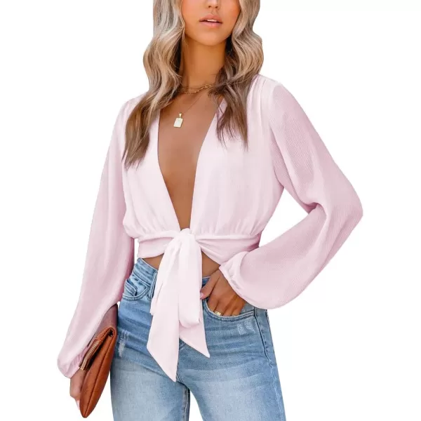 LYANER Women's Deep V Neck Tie Front Knot Long Sleeve Sexy Wrap Crop Top Blouse