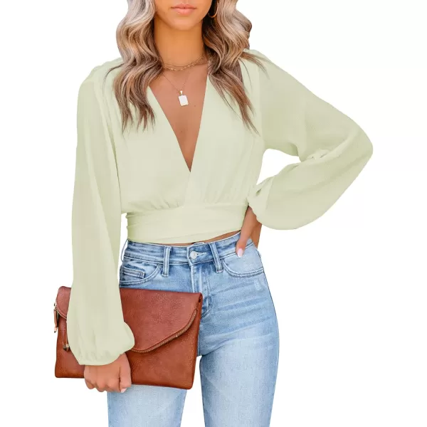 LYANER Women's Deep V Neck Tie Front Knot Long Sleeve Sexy Wrap Crop Top Blouse
