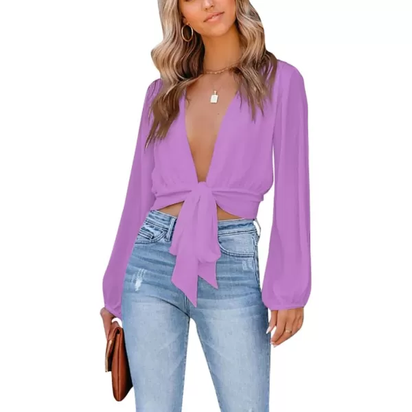 LYANER Women's Deep V Neck Tie Front Knot Long Sleeve Sexy Wrap Crop Top Blouse