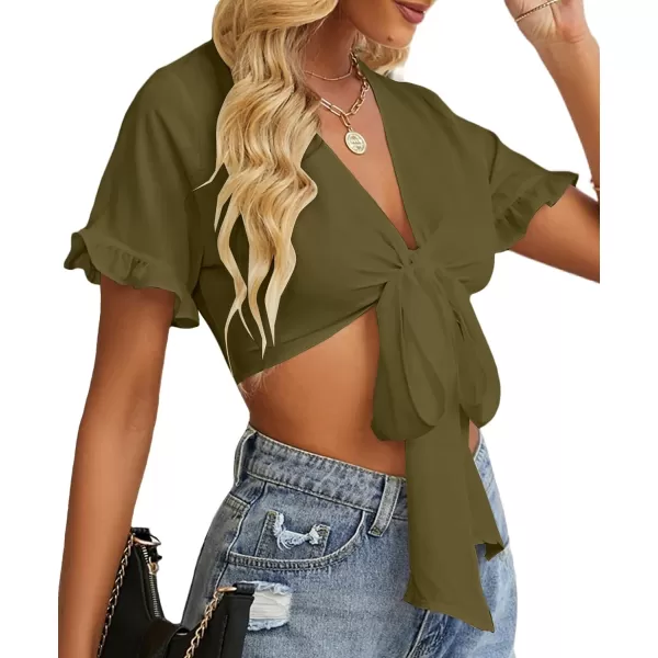 LYANER Women's Deep V Neck Tie Front Knot Ruffle Short Sleeve Crop Top Club Blouse