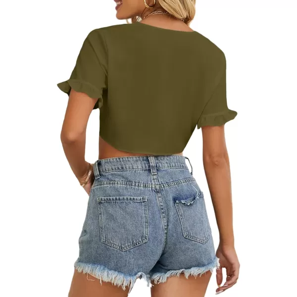 LYANER Women's Deep V Neck Tie Front Knot Ruffle Short Sleeve Crop Top Club Blouse