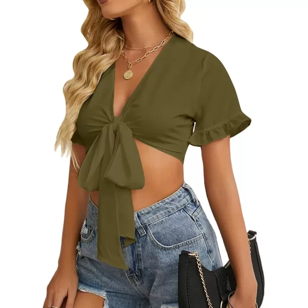 LYANER Women's Deep V Neck Tie Front Knot Ruffle Short Sleeve Crop Top Club Blouse
