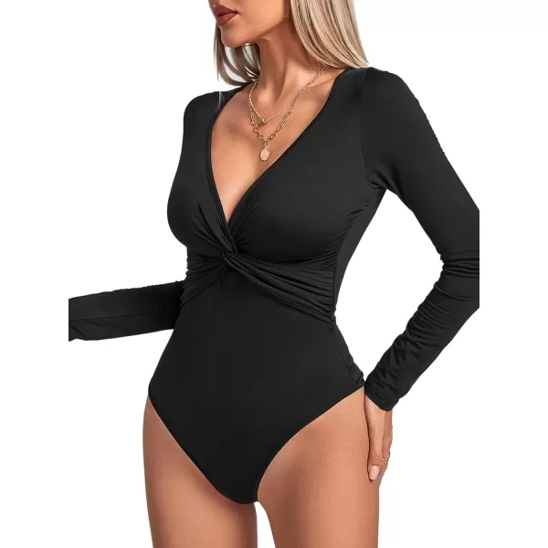 LYANER Women's Deep V Neck Twist Front Long Sleeve Tiny Leotard Bodysuit Tops