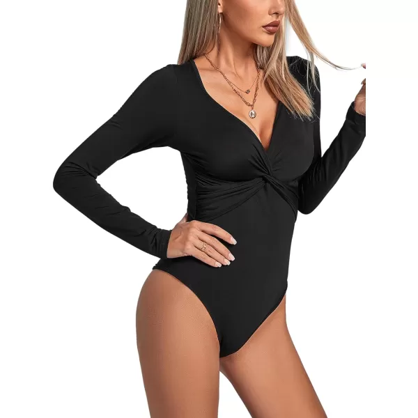 LYANER Women's Deep V Neck Twist Front Long Sleeve Tiny Leotard Bodysuit Tops
