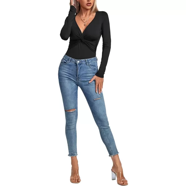 LYANER Women's Deep V Neck Twist Front Long Sleeve Tiny Leotard Bodysuit Tops
