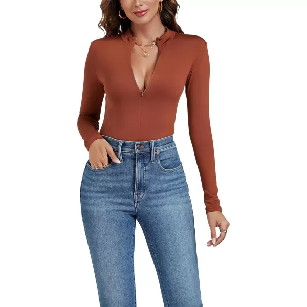 LYANER Women's Deep V Neck Zipper Fitted Long Sleeve Bodysuit Leotard Top