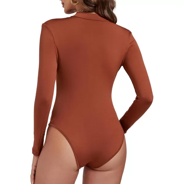 LYANER Women's Deep V Neck Zipper Fitted Long Sleeve Bodysuit Leotard Top