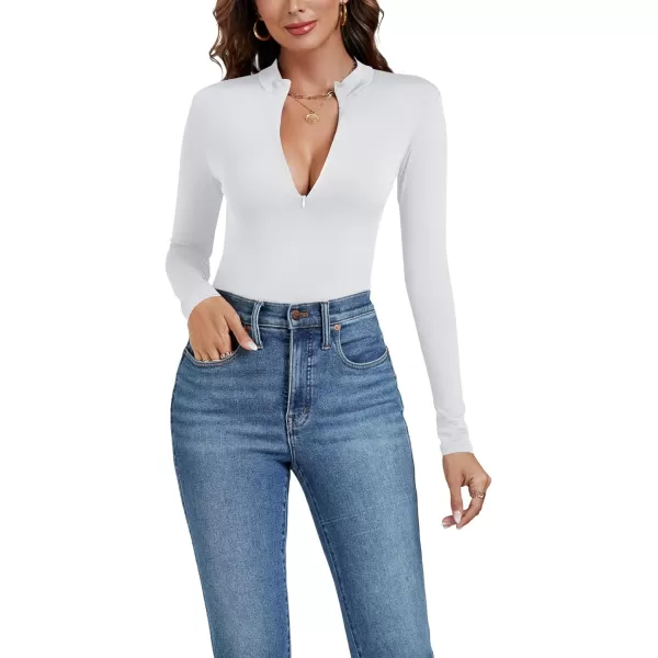 LYANER Women's Deep V Neck Zipper Fitted Long Sleeve Bodysuit Leotard Top
