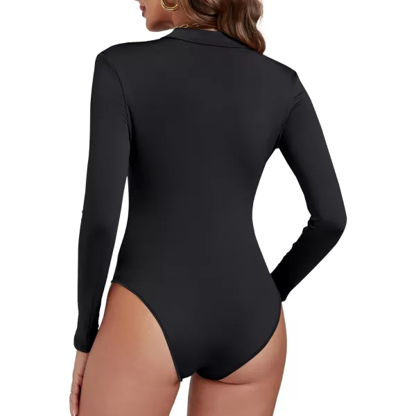 LYANER Women's Deep V Neck Zipper Fitted Long Sleeve Bodysuit Leotard Top