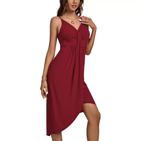 LYANER Women's Drape V Neck Ruched Spaghetti Strap Wrap Slit Front Sleeveless Party Midi Dress