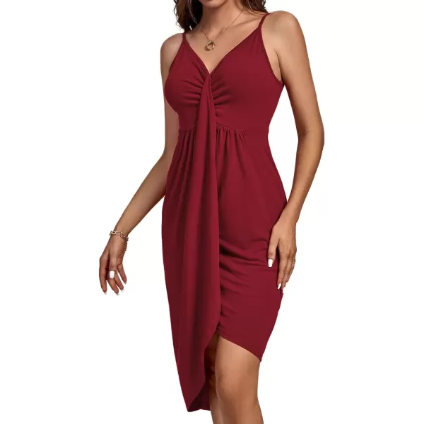 LYANER Women's Drape V Neck Ruched Spaghetti Strap Wrap Slit Front Sleeveless Party Midi Dress