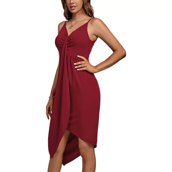 LYANER Women's Drape V Neck Ruched Spaghetti Strap Wrap Slit Front Sleeveless Party Midi Dress