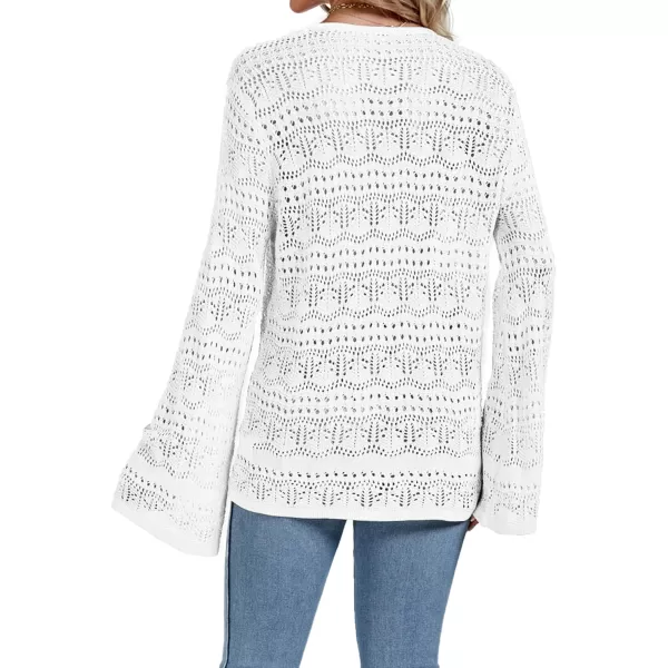 LYANER Women's Drawstring Long Bell Sleeve Sexy Crochet Knit Beach Hollow Out Crop Shirt Blouse Top