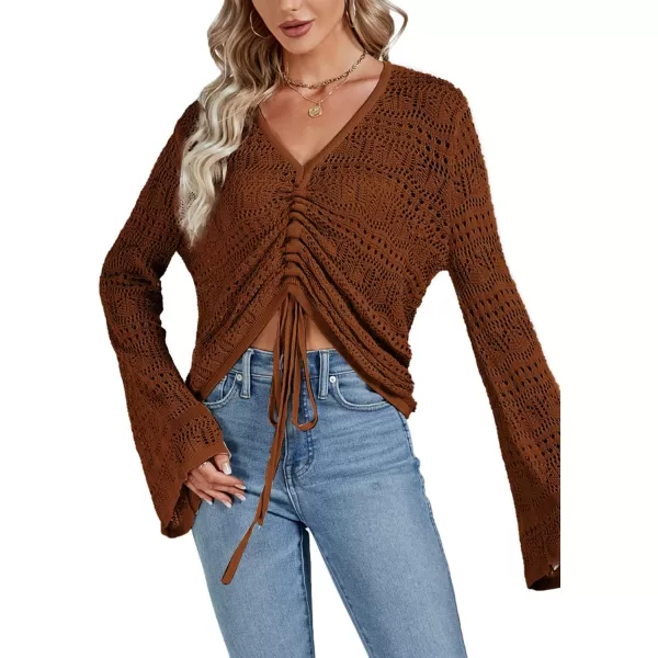LYANER Women's Drawstring Long Bell Sleeve Sexy Crochet Knit Beach Hollow Out Crop Shirt Blouse Top