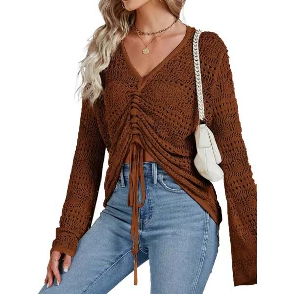 LYANER Women's Drawstring Long Bell Sleeve Sexy Crochet Knit Beach Hollow Out Crop Shirt Blouse Top