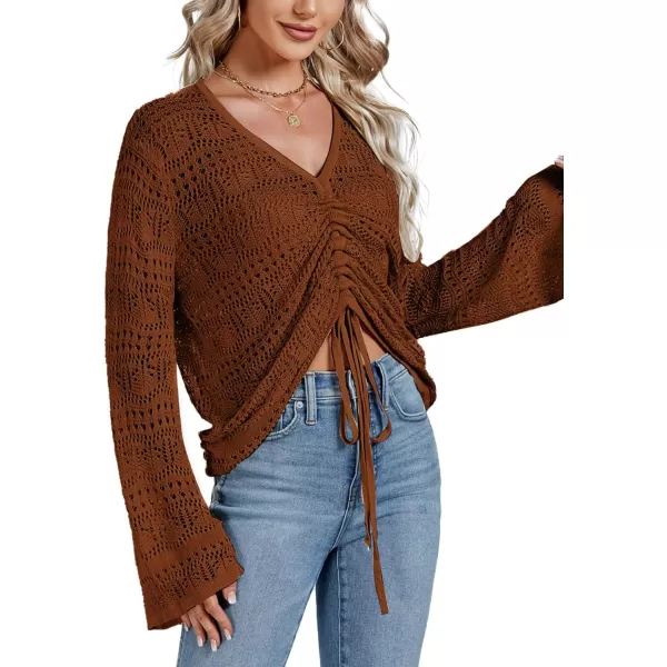 LYANER Women's Drawstring Long Bell Sleeve Sexy Crochet Knit Beach Hollow Out Crop Shirt Blouse Top