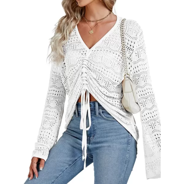 LYANER Women's Drawstring Long Bell Sleeve Sexy Crochet Knit Beach Hollow Out Crop Shirt Blouse Top