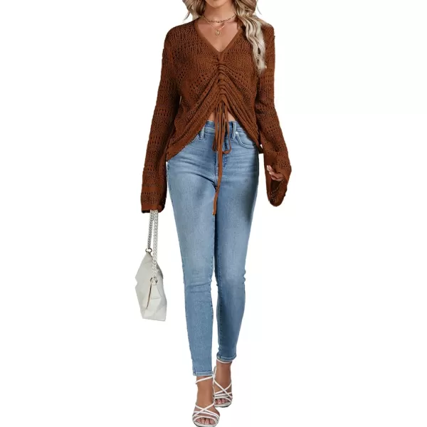 LYANER Women's Drawstring Long Bell Sleeve Sexy Crochet Knit Beach Hollow Out Crop Shirt Blouse Top
