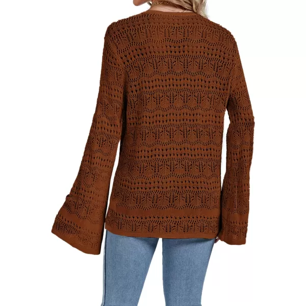 LYANER Women's Drawstring Long Bell Sleeve Sexy Crochet Knit Beach Hollow Out Crop Shirt Blouse Top