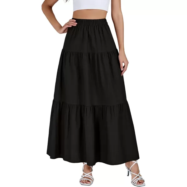 LYANER Women's Elastic Waist Pleated Layer Ruffle Hem Flowy A Line Loose Maxi Long Skirt