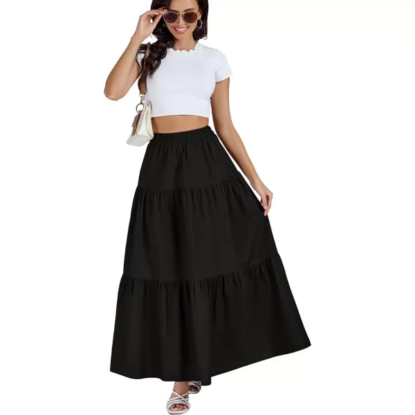 LYANER Women's Elastic Waist Pleated Layer Ruffle Hem Flowy A Line Loose Maxi Long Skirt