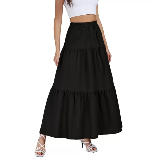 LYANER Women's Elastic Waist Pleated Layer Ruffle Hem Flowy A Line Loose Maxi Long Skirt