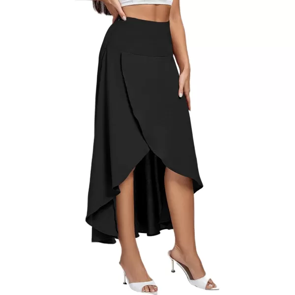 LYANER Women's Elastic Waist Split Slit Wrap Draped Ruffle Asymmetrical Hem Flare Maxi Skirt