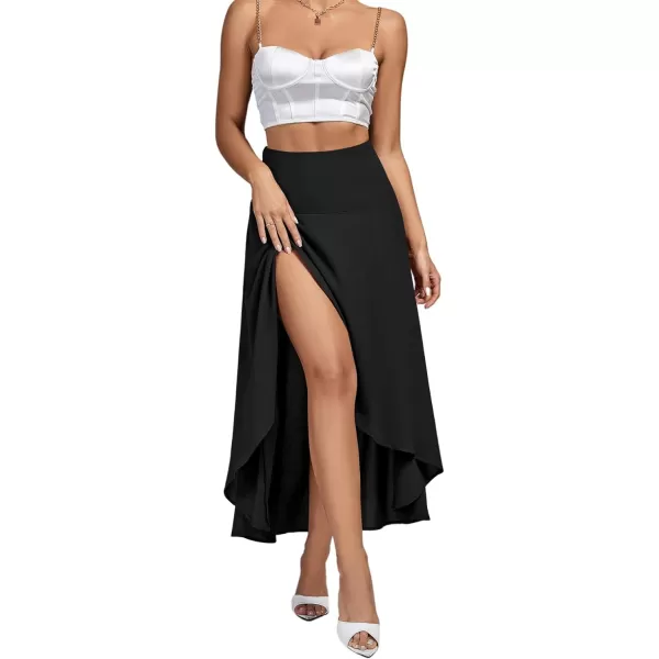 LYANER Women's Elastic Waist Split Slit Wrap Draped Ruffle Asymmetrical Hem Flare Maxi Skirt