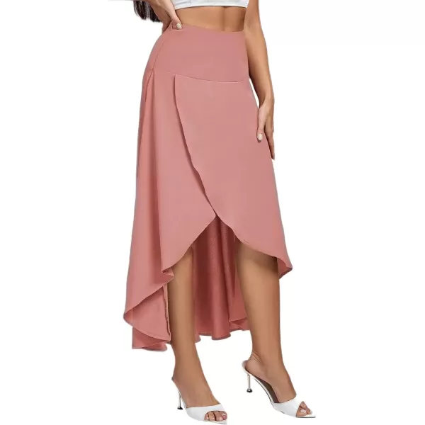 LYANER Women's Elastic Waist Split Slit Wrap Draped Ruffle Asymmetrical Hem Flare Maxi Skirt