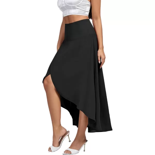 LYANER Women's Elastic Waist Split Slit Wrap Draped Ruffle Asymmetrical Hem Flare Maxi Skirt