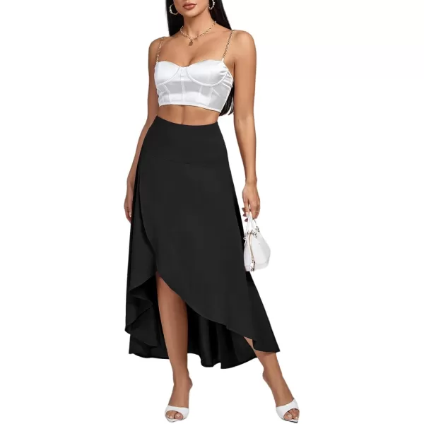 LYANER Women's Elastic Waist Split Slit Wrap Draped Ruffle Asymmetrical Hem Flare Maxi Skirt