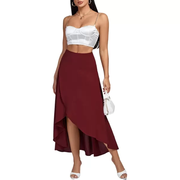 LYANER Women's Elastic Waist Split Slit Wrap Draped Ruffle Asymmetrical Hem Flare Maxi Skirt