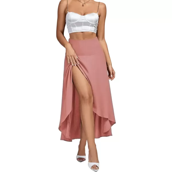 LYANER Women's Elastic Waist Split Slit Wrap Draped Ruffle Asymmetrical Hem Flare Maxi Skirt