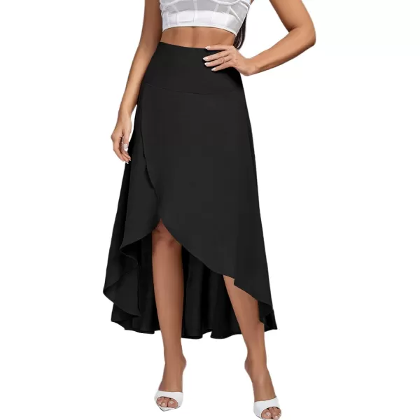LYANER Women's Elastic Waist Split Slit Wrap Draped Ruffle Asymmetrical Hem Flare Maxi Skirt