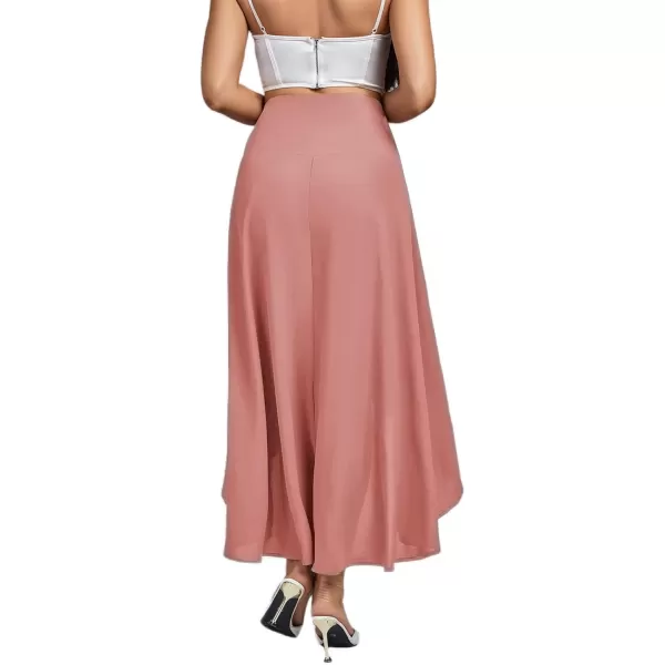 LYANER Women's Elastic Waist Split Slit Wrap Draped Ruffle Asymmetrical Hem Flare Maxi Skirt